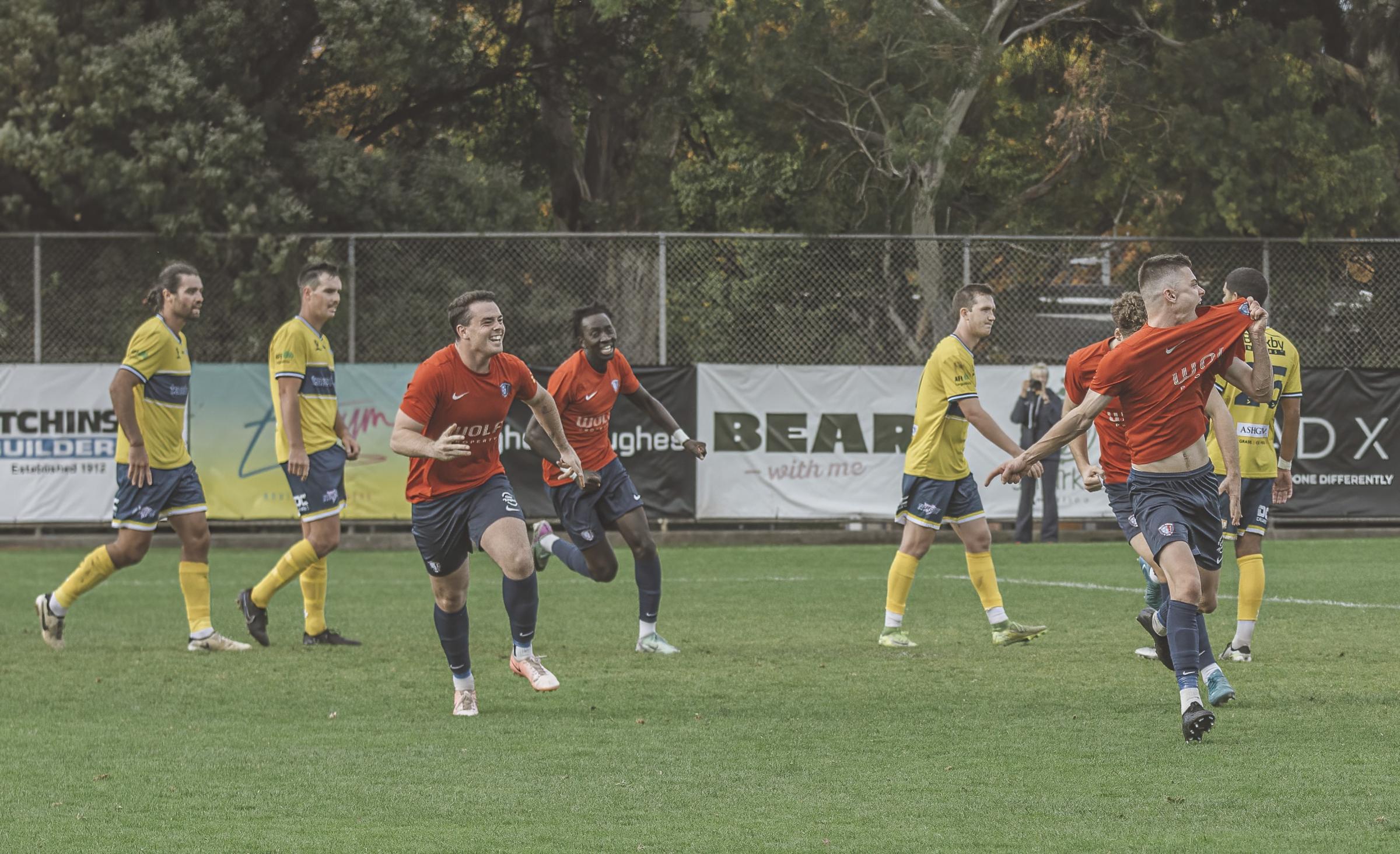 South Hobart celebrate Sam Berezansky goal against Devonport in the Lakoseljac Cup Quarter Final on Saturday 19 April 2025 at D'Arcy St.