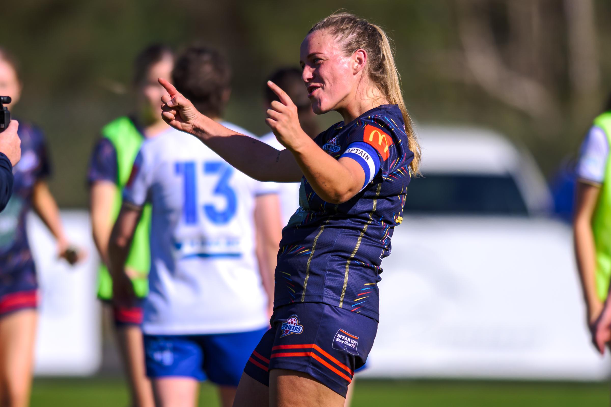 Devonport Strikers captain Georgia King celebrates her team's WSL win over Launceston United. Picture Simon Sturzaker