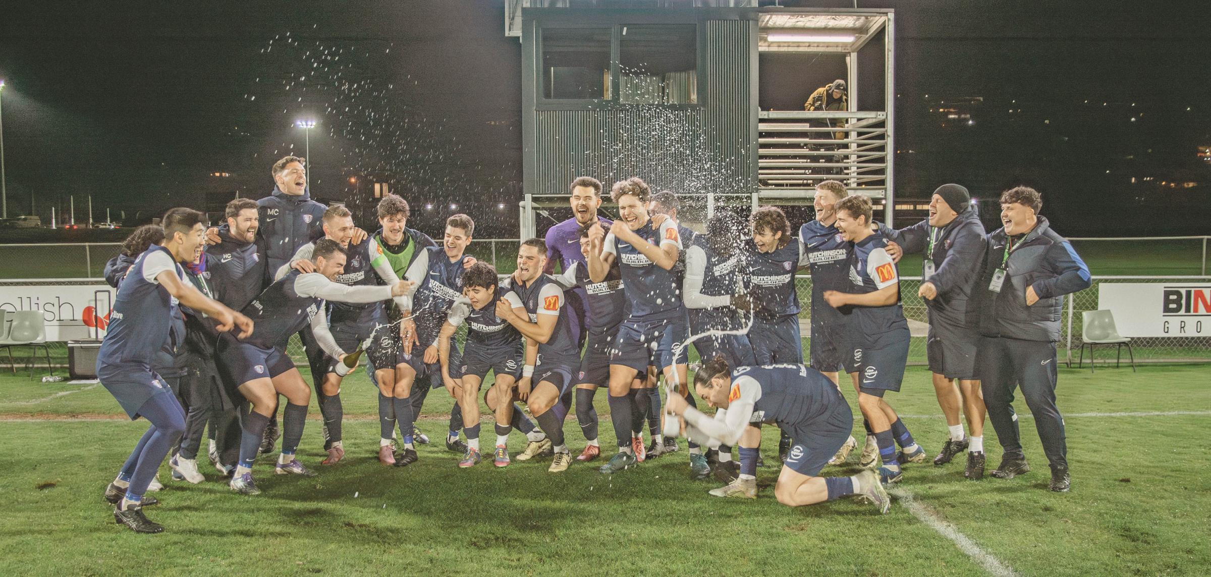  South Hobart celebrate clinching the NPL Tasmania title after victory at Riverside. Picture by Nikki Long.