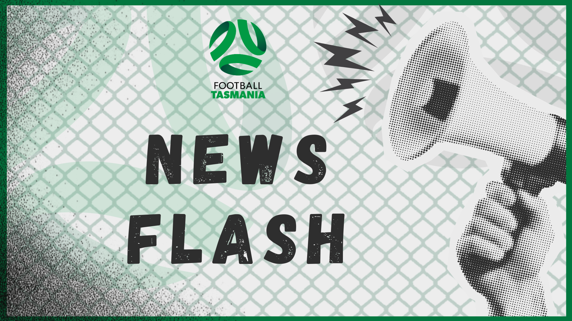 Hand holding a loudhailer and the words news flash