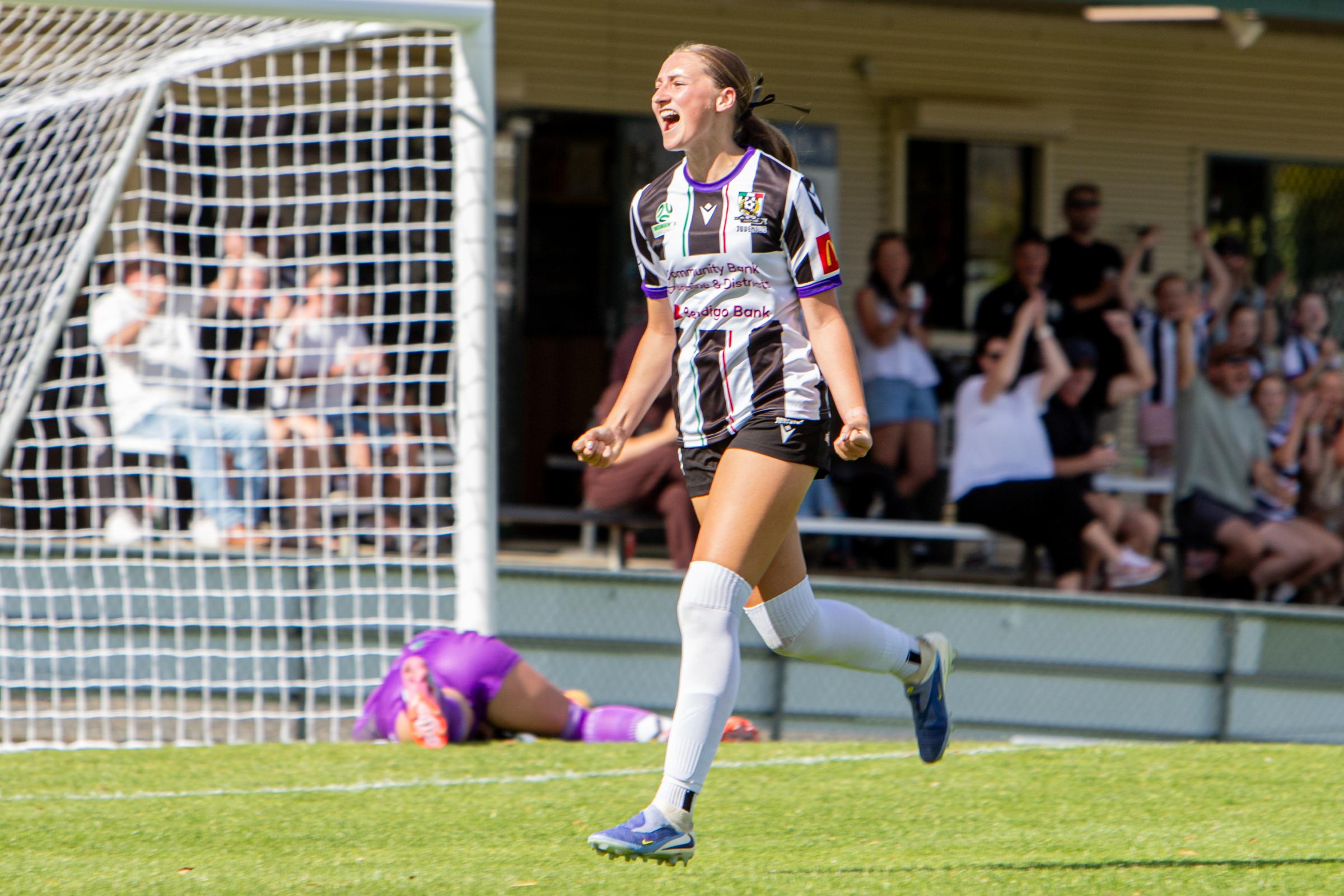 Hollie Jones celebrates her goal for Launceston City against Kingborough. Picture by Jamie Richardson