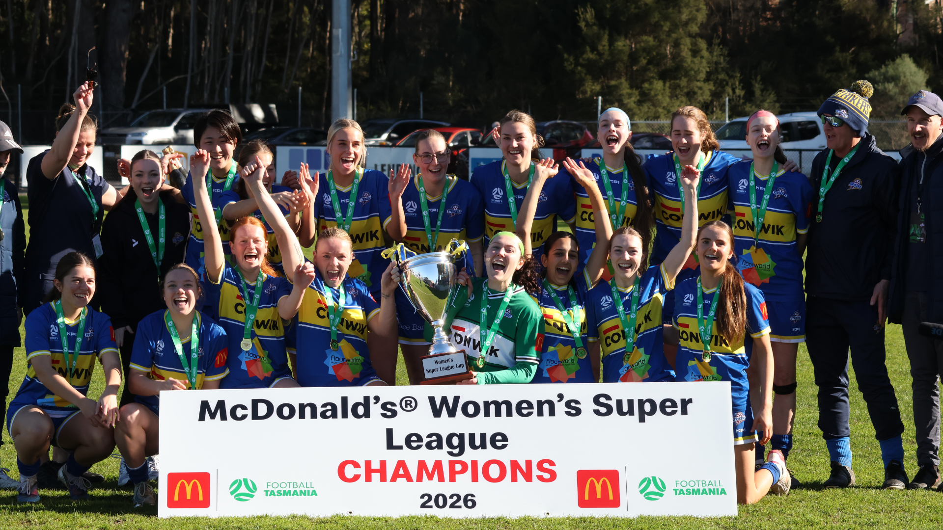 Devonport Strikers celebrate clinching a third consecutive Women's Super League title. Picture by Football Tasmania