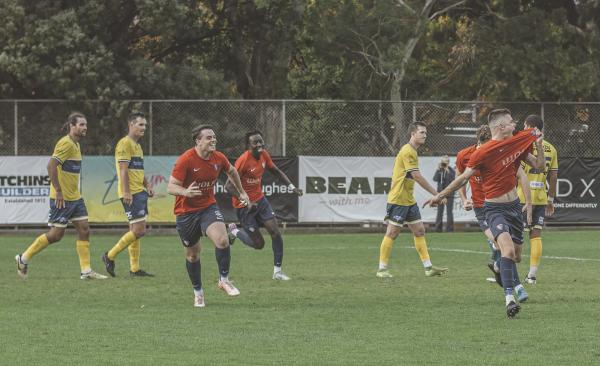 South Hobart celebrate Sam Berezansky goal against Devonport in the Lakoseljac Cup Quarter Final on Saturday 19 April 2025 at D'Arcy St.