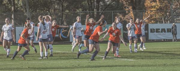 South Hobart celebrate a goal in their 3-1 win against Glenorchy Knights at D'arcy St 