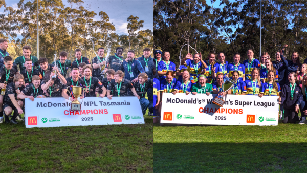 South Hobart and Devonport City Strikers are crowned 2025 champions. Pictures Simon Sturzaker.