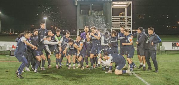  South Hobart celebrate clinching the NPL Tasmania title after victory at Riverside. Picture by Nikki Long.