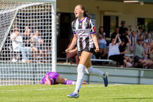 Hollie Jones celebrates her goal for Launceston City against Kingborough. Picture by Jamie Richardson