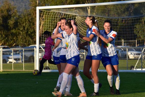 Launceston United goalscorers Delana Friesen, Lucy Smith and Dani Gunton are all smiles against Riverside. Picture by Heather Reading