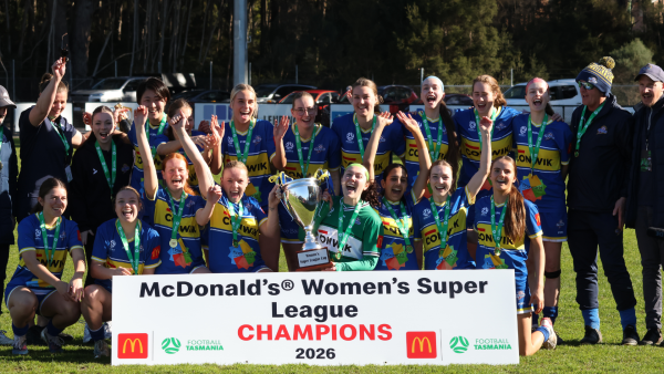 Devonport Strikers celebrate clinching a third consecutive Women's Super League title. Picture by Football Tasmania