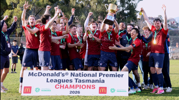 South Hobart celebrate retaining the NPL Tasmania title. Picture Football Tasmania