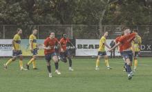 South Hobart celebrate Sam Berezansky goal against Devonport in the Lakoseljac Cup Quarter Final on Saturday 19 April 2025 at D'Arcy St.