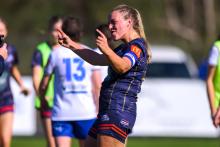 Devonport Strikers captain Georgia King celebrates her team's WSL win over Launceston United. Picture Simon Sturzaker